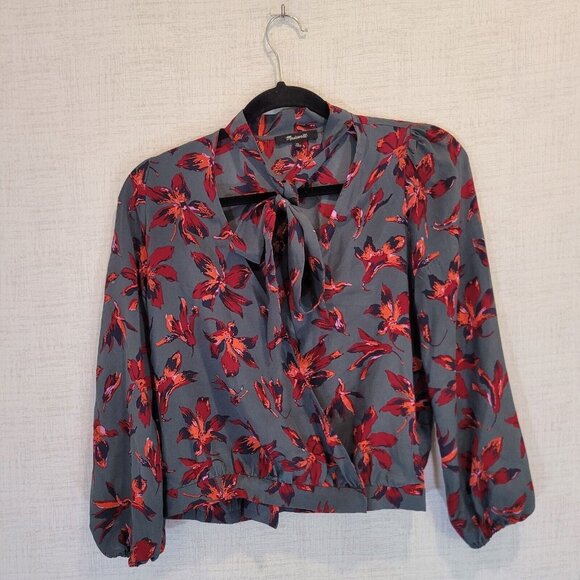 Madewell Tops - Madewell Silk Wrap Balloon Top Womens XS Shirt Green Floral Blouse 3/4 Sleeve